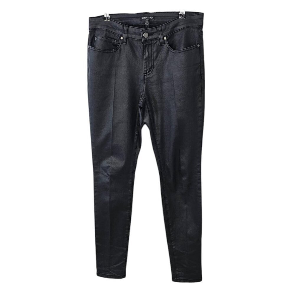 Eileen Fisher Womens Coated Jeans, Wet Look, Black, Shiny, Skinny Fit, Size 8